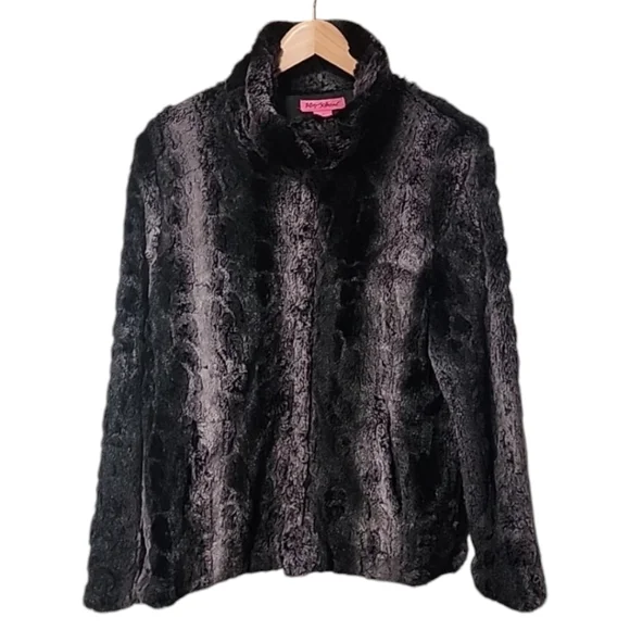 BETSEY JOHNSON Faux Fur Jacket L Super Soft Teddy Black Gray Animal Fuzzy Soft - Picture 2 of 10